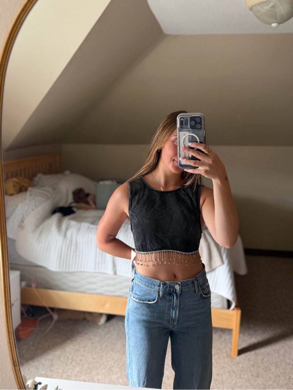 Black Beaded Fringe Crop Top - Women